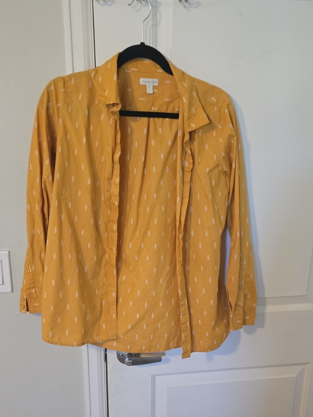 Garnet Hill Mustard Yellow Button-Down Shirt with White Motif